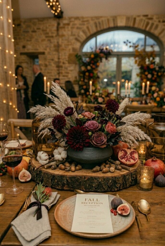 IMAGE 6 HERE Alt text: Wedding ceremony floral arch with fall flowers being broken down for redistribution to reception guest tables Image prompt: Photorealistic portrait shot of a fall wedding flower arrangement being repurposed from ceremony to reception — a rich autumn floral cluster of burgundy dahlias, café au lait dahlias, eucalyptus branches, and dried pampas grass placed in a large clear glass urn on a reception guest table. Warm candlelit atmosphere, fall wedding venue in soft focus background. Arrangement feels lush and abundant. No text overlays. Generate in vertical portrait orientation, 2:3 aspect ratio, optimized for mobile display.