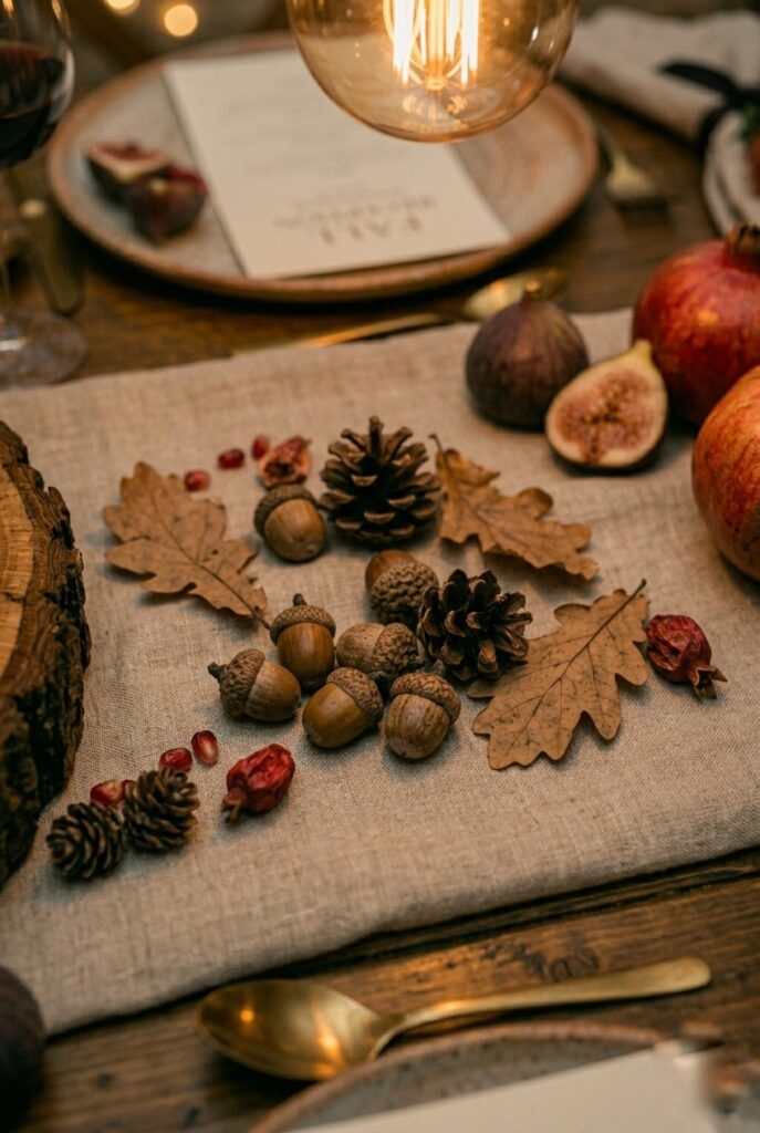 IMAGE 8 HERE Alt text: Fall wedding reception table with ivory and deep green centerpiece glowing under warm amber Edison bulb lighting Image prompt: Photorealistic portrait shot of a fall wedding table centerpiece featuring ivory garden roses, deep forest green eucalyptus branches, and dried ivory cotton stems in a smoked amber glass vase. Warm amber Edison bulb string lights visible in background. The centerpiece glows warmly under the amber light, ivory flowers luminous against the green foliage. Warm romantic candlelit atmosphere, rich golden tones throughout. No text overlays. Generate in vertical portrait orientation, 2:3 aspect ratio, optimized for mobile display.