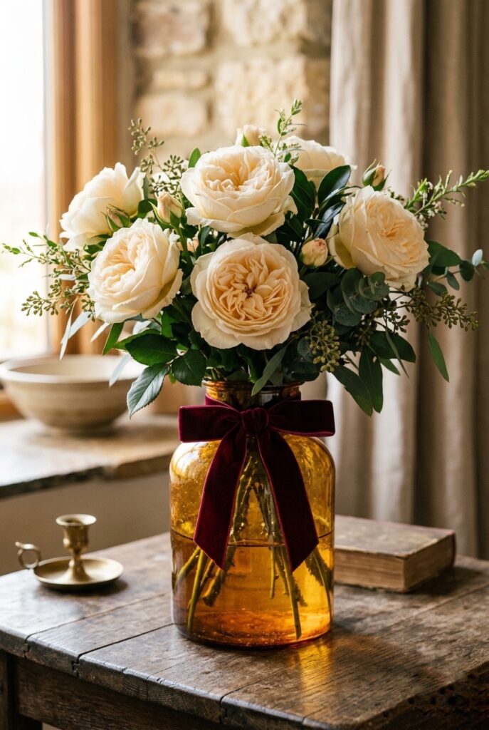 IMAGE 9 HERE Alt text: Fall wedding guest table with acorns, small pinecones, and scattered oak leaves as table detail around centerpiece Image prompt: Photorealistic portrait shot of a fall wedding table surface detail — scattered acorns, small pinecones, and dried oak leaves with gold and rust coloring spread organically across a linen table runner around the base of a centerpiece. Two small amber votive candles visible. Warm romantic candlelit atmosphere, soft amber glow. Wooden farm table surface visible. No text overlays. Generate in vertical portrait orientation, 2:3 aspect ratio, optimized for mobile display.