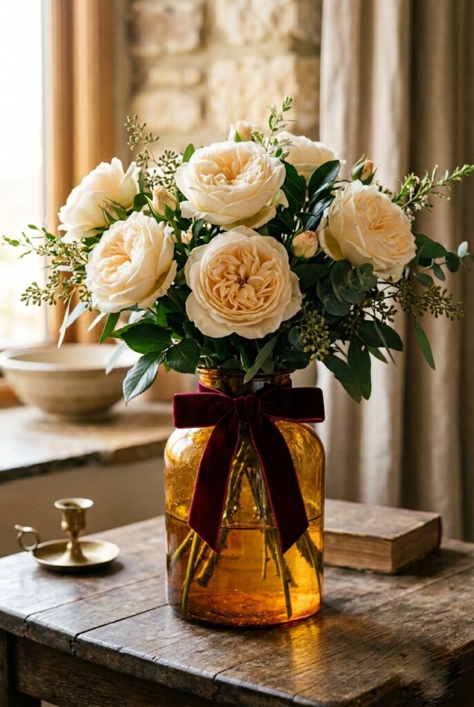 IMAGE 10 HERE Alt text: Fall wedding centerpiece with velvet ribbon tied around amber glass vase, burgundy dahlias and eucalyptus Image prompt: Photorealistic portrait shot of a fall wedding table centerpiece with a wide burgundy velvet ribbon tied in a loose bow around the neck of a smoked amber glass vase holding cream garden roses, eucalyptus, and small dried rosebuds. The velvet ribbon adds depth and texture against the glass and flowers. Warm romantic candlelit atmosphere with soft amber background bokeh. No text overlays. Generate in vertical portrait orientation, 2:3 aspect ratio, optimized for mobile display.