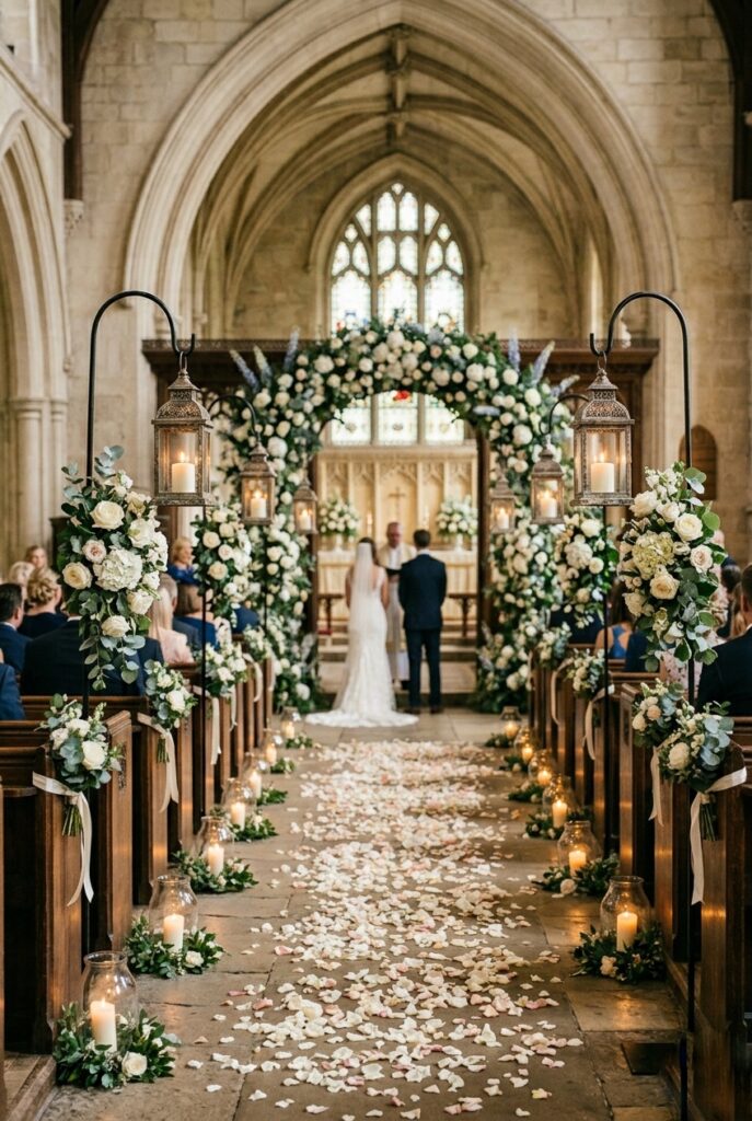 IMAGE 1 HERE Alt text: Wedding ceremony aisle with shepherd's hook floral clusters and lanterns alternating down both sides Image prompt: Photorealistic portrait shot of a wedding ceremony aisle showing two rows of shepherd's hooks alternating between glass lanterns with white pillar candles and small white and blush floral clusters of garden roses, eucalyptus, and baby's breath, tied with ivory satin ribbon. Natural wood floor, ceremony chairs on both sides. Soft natural window light, warm and airy atmosphere. No text overlays. Generate in vertical portrait orientation, 2:3 aspect ratio, optimized for mobile display.