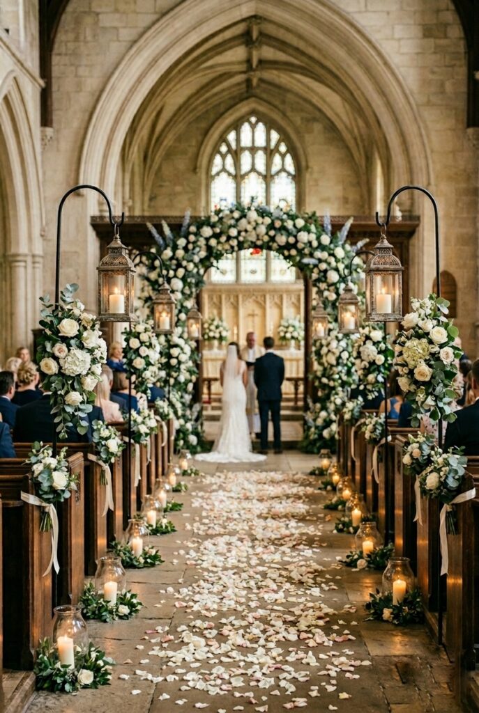 IMAGE 2 HERE Alt text: Wedding aisle pew markers of white roses and eucalyptus with ivory ribbon on every other chair row Image prompt: Photorealistic portrait shot of a wedding ceremony aisle showing wooden cross-back chairs with small pew marker arrangements of white garden roses, greenery sprigs, and trailing ivory ribbon attached to every other chair at the end of each row. Not every chair decorated — visible rhythm of decorated and undecorated chairs creates elegant spacing. Soft natural afternoon window light, warm and bright. No text overlays. Generate in vertical portrait orientation, 2:3 aspect ratio, optimized for mobile display.