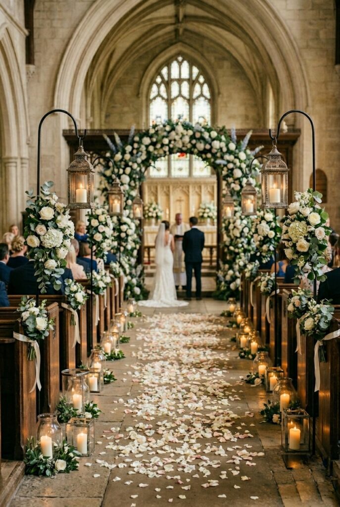 IMAGE 3 HERE Alt text: Wedding ceremony aisle with glass hurricane lanterns and pillar candles at floor level along both sides Image prompt: Photorealistic portrait shot of a wedding ceremony aisle viewed at low angle showing a row of clear glass hurricane lanterns of varying heights — short, medium, and tall — holding white pillar candles at floor level along one side of the aisle. Loose white rose petals scattered between lanterns. Ceremony chairs visible beyond. Warm romantic candlelit atmosphere with soft amber glow from candle flames. No text overlays. Generate in vertical portrait orientation, 2:3 aspect ratio, optimized for mobile display.