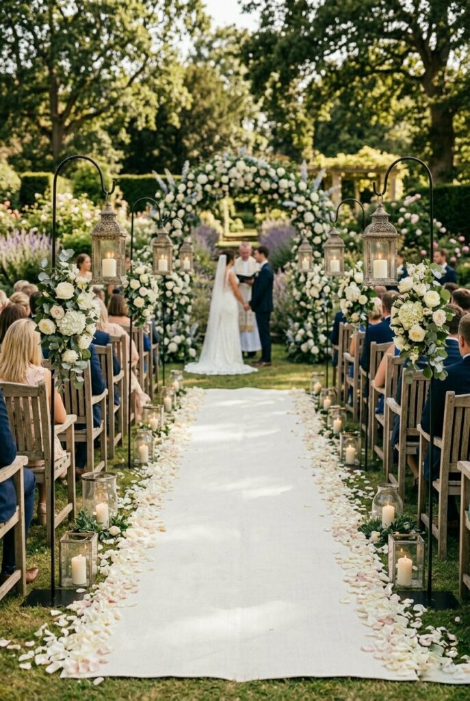 IMAGE 4 HERE Alt text: Ivory linen aisle runner with loose rose petals down a wedding ceremony aisle in an outdoor garden setting Image prompt: Photorealistic portrait shot of a wide ivory linen aisle runner laid down a wedding ceremony aisle in an outdoor garden setting, with loose blush and white rose petals scattered down both edges of the runner. Garden ceremony chairs visible on both sides. Soft natural daylight, slightly dappled shade from overhead trees. Clean, classic, elegant. No text overlays. Generate in vertical portrait orientation, 2:3 aspect ratio, optimized for mobile display.