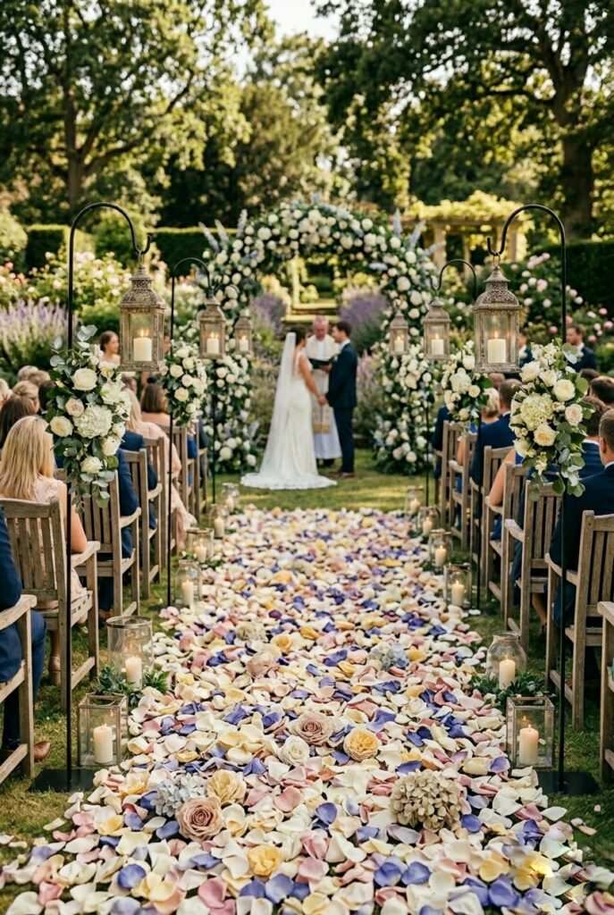 IMAGE 5 HERE Alt text: Dense fresh rose petal carpet along wedding ceremony aisle floor with ceremony chairs and lanterns on both sides Image prompt: Photorealistic portrait shot of a wedding ceremony aisle where the floor is densely covered with fresh ivory and blush rose petals forming a continuous petal carpet down the center path. Glass hurricane lanterns with candles visible at floor level on both sides. Ceremony chairs in background. Soft natural daylight, bright and romantic atmosphere. No text overlays. Generate in vertical portrait orientation, 2:3 aspect ratio, optimized for mobile display.