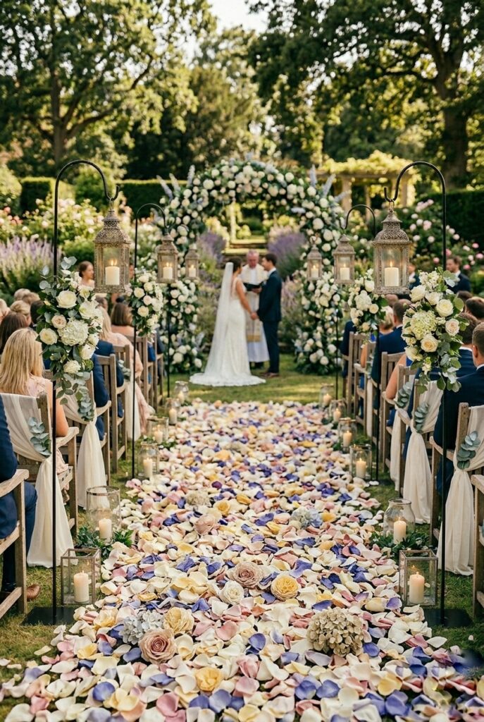 IMAGE 6 HERE Alt text: Wedding ceremony aisle chairs draped with ivory chiffon sashes tied in loose bows with small flower sprigs Image prompt: Photorealistic portrait shot of a wedding ceremony aisle with wooden cross-back chairs decorated with loose ivory chiffon fabric sashes tied in a relaxed bow at the chair back, with a small sprig of eucalyptus and two dried rosebuds tucked into each bow. Fabric falls softly to the floor. Soft natural window light, warm and bright. No text overlays. Generate in vertical portrait orientation, 2:3 aspect ratio, optimized for mobile display.