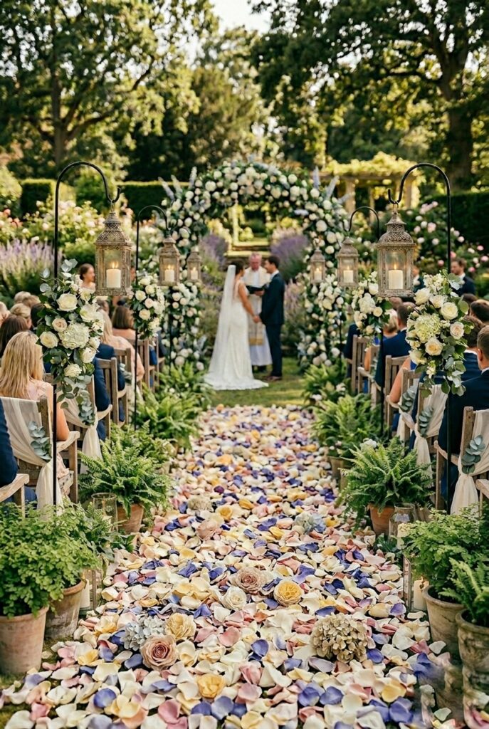 IMAGE 7 HERE Alt text: Wedding ceremony aisle with overhead floral and greenery garland draped above the aisle creating a tunnel effect Image prompt: Photorealistic portrait shot of a wedding ceremony aisle interior with an overhead garland of eucalyptus, white roses, and trailing ivy draped in a loose catenary curve from hooks on both sides of the venue ceiling, creating a soft botanical tunnel above the aisle. Ceremony chairs below, altar with floral arch visible at the far end. Soft natural window light and warm ambient overhead lighting. No text overlays. Generate in vertical portrait orientation, 2:3 aspect ratio, optimized for mobile display.