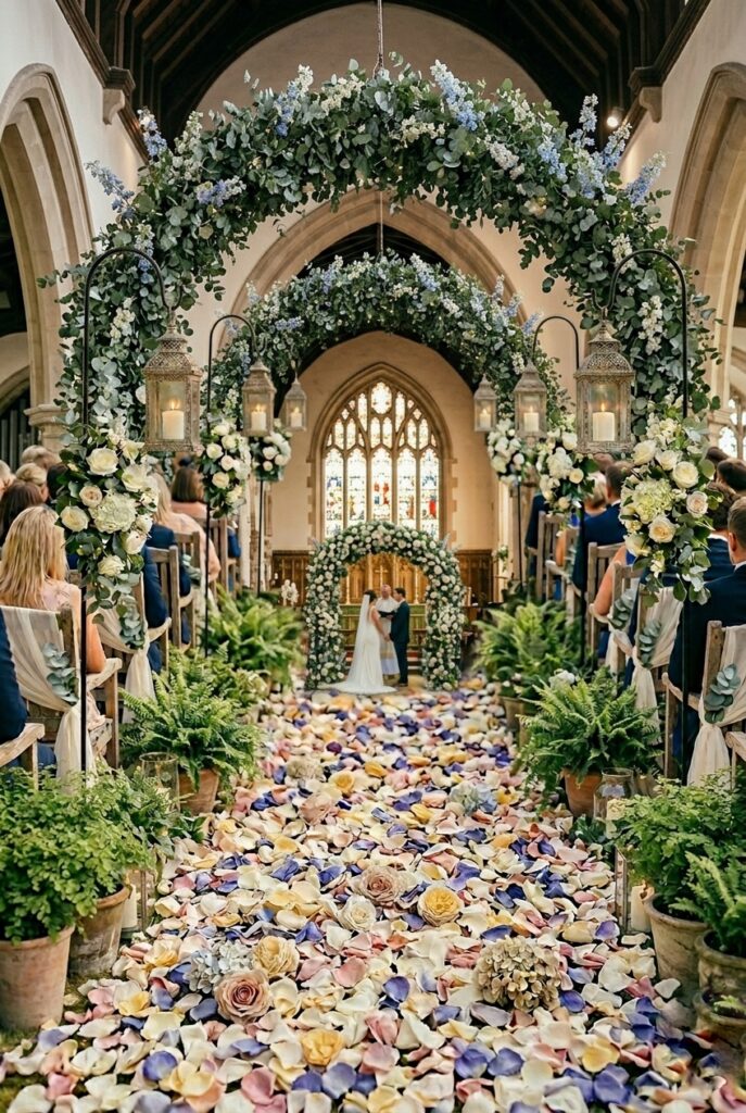 IMAGE 8 HERE Alt text: Wedding ceremony aisle lined with potted ferns and small olive trees creating a lush green garden aisle border Image prompt: Photorealistic portrait shot of a wedding ceremony aisle bordered on both sides with potted Boston ferns in terracotta pots of varying sizes, creating a lush continuous green border along the full length of the aisle. Small potted olive trees visible at the aisle entrance. Outdoor garden ceremony setting, bright natural daylight, soft and airy atmosphere. Ceremony chairs set behind the fern border. No text overlays. Generate in vertical portrait orientation, 2:3 aspect ratio, optimized for mobile display.