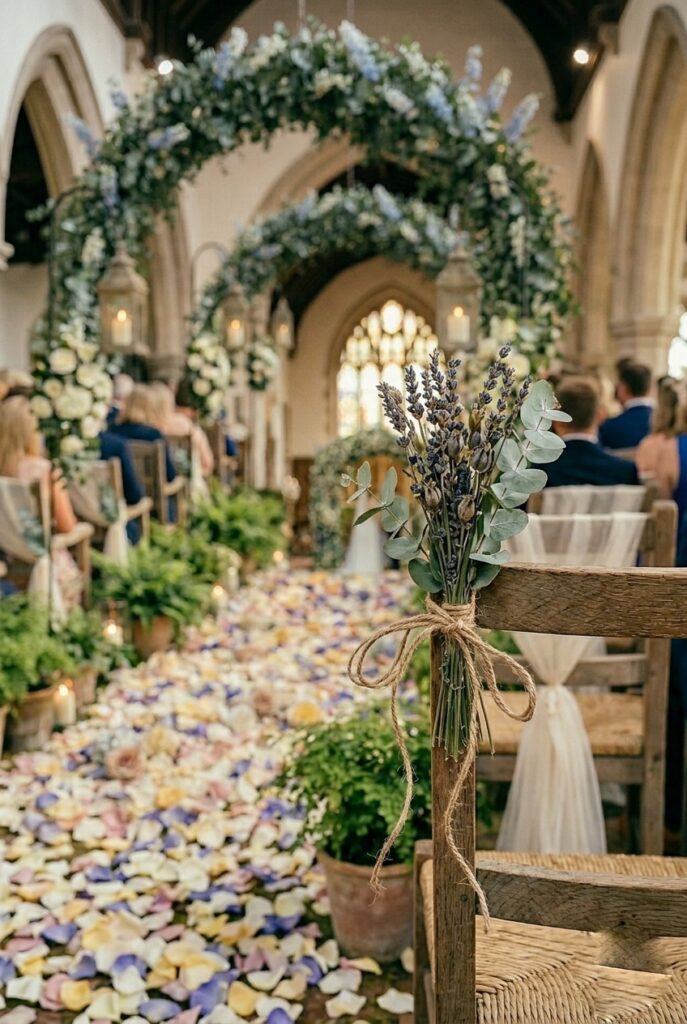 IMAGE 9 HERE Alt text: Small eucalyptus and dried flower posy tied with twine on the back of a wooden ceremony chair as aisle decoration Image prompt: Photorealistic portrait shot of the back of a wooden cross-back ceremony chair with a small tied posy of three eucalyptus stems, two sprigs of dried lavender, and one dried rosebud bound with natural twine, hanging from the top slat of the chair back. Simple, natural, textural. Soft natural window light from the side. Other chairs visible in background. No text overlays. Generate in vertical portrait orientation, 2:3 aspect ratio, optimized for mobile display.