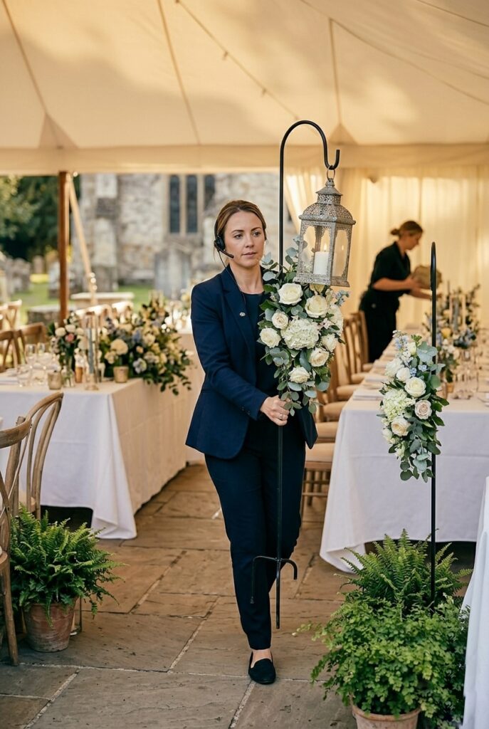  IMAGE 10 HERE Alt text: Wedding coordinator moving shepherd's hook floral arrangement from ceremony aisle to reception entrance during cocktail hour Image prompt: Photorealistic portrait shot of a wedding coordinator or venue staff member in dark clothing lifting a shepherd's hook with a white and blush floral arrangement from a ceremony aisle position, preparing to transfer it to a reception space. Ceremony chairs visible in background. Warm interior venue lighting. Action-oriented but elegant. No text overlays. Generate in vertical portrait orientation, 2:3 aspect ratio, optimized for mobile display.