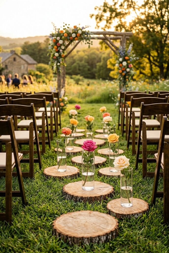 IMAGE 2 HERE Alt text: Clear glass cylinder vases with single white garden roses lining outdoor wedding grass aisle on wooden slices Image prompt: Photorealistic outdoor wedding aisle photograph showing a row of clear tall glass cylinder vases placed on raw wooden cross-sections on lush green grass. Each vase holds a single oversized white garden rose with natural foliage. Soft natural daylight, warm white diffused outdoor light. The aisle extends toward a blurred floral arch in the background. Shallow depth of field. No text overlays. Generate in vertical portrait orientation, 2:3 aspect ratio, optimized for mobile display.
