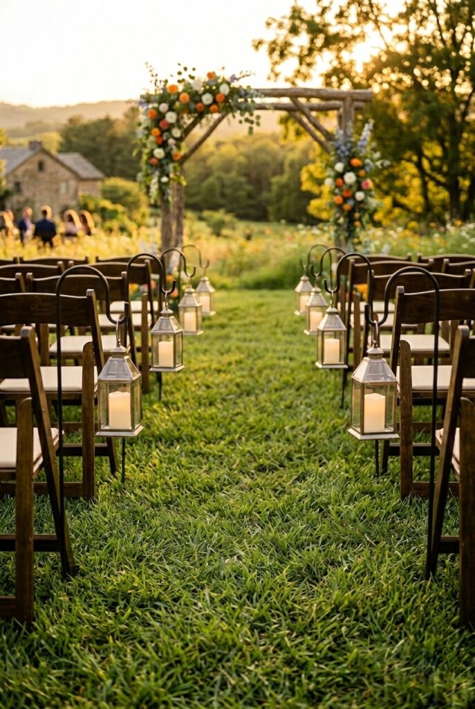 IMAGE 3 HERE Alt text: Black shepherd's hook lanterns with white pillar candles lining outdoor wedding ceremony aisle in garden setting Image prompt: Photorealistic outdoor garden wedding ceremony aisle with black wrought iron shepherd's hooks planted into lush grass on both sides, each holding a clear glass lantern with a white pillar candle inside. Sunlight filters through overhanging tree branches. The aisle stretches into soft focus toward a wooden arch decorated with pale blush flowers and greenery. Warm golden afternoon light. No text overlays. Generate in vertical portrait orientation, 2:3 aspect ratio, optimized for mobile display.