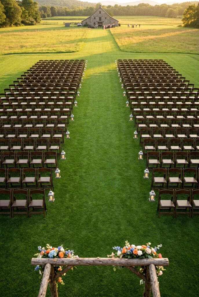 IMAGE 4 HERE Alt text: Wide outdoor wedding ceremony grass aisle with proper spacing between chair rows creating elegant proportional walkway Image prompt: Photorealistic outdoor wedding ceremony photographed from elevated slightly above-aisle perspective showing a wide, generous grass aisle approximately five to six feet wide, with neatly arranged wooden folding chairs on both sides. Aisle decorated with small floral clusters at chair ends. Natural green rolling meadow surrounds the ceremony. Bright, even natural daylight, open sky with soft clouds. Lush, pastoral atmosphere. No text overlays. Generate in vertical portrait orientation, 2:3 aspect ratio, optimized for mobile display.