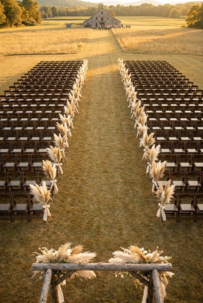 IMAGE 5 HERE Alt text: Dried pampas grass bundles tied with ivory ribbon as outdoor wedding aisle chair decorations in boho ceremony Image prompt: Photorealistic outdoor boho wedding ceremony showing dried pampas grass bundles and bleached dried wheat stalks tied with a cream satin ribbon attached to wooden folding chairs lining a grass aisle. Late afternoon warm golden sunlight, sun low in sky creating long shadows across the grass. Soft earthy tones throughout. Minimal, editorial aesthetic. No text overlays. Generate in vertical portrait orientation, 2:3 aspect ratio, optimized for mobile display.