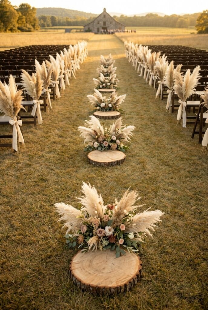 IMAGE 6 HERE Alt text: Low floral arrangements on wooden rounds placed at ground level along outdoor wedding ceremony aisle Image prompt: Photorealistic outdoor wedding ceremony close-up showing small low lush floral clusters in blush, ivory and dusty rose garden roses, ranunculus, and eucalyptus arranged directly on natural wooden cross-section rounds placed on green grass along an aisle. The wood rounds are raw and unfinished, moss visible on edges. Soft natural midday outdoor light, even and warm. Editorial wedding photography style. No text overlays. Generate in vertical portrait orientation, 2:3 aspect ratio, optimized for mobile display.