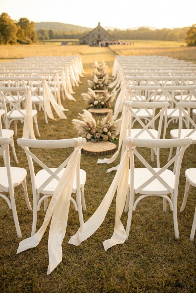 IMAGE 7 HERE Alt text: Silk ribbon wands and cream chiffon fabric tied to outdoor wedding ceremony chairs creating flowing aisle movement Image prompt: Photorealistic outdoor wedding ceremony showing the back of white wooden cross-back chairs lining a grass aisle. Each chair has long flowing loops of cream silk ribbon and soft chiffon fabric tied at the top rail, fabric moving gently in a breeze. Soft outdoor light, overcast sky creating even diffused tones. Simple, editorial aesthetic. No text overlays. Generate in vertical portrait orientation, 2:3 aspect ratio, optimized for mobile display.