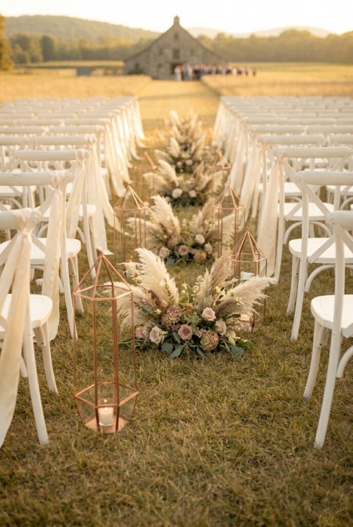 IMAGE 8 HERE Alt text: Tall copper geometric lantern stands with white pillar candles lining outdoor wedding ceremony aisle in boho setting Image prompt: Photorealistic outdoor wedding ceremony aisle with tall slim copper geometric hexagonal lantern floor stands alternating with small floral arrangements on grass. Each lantern contains a white pillar candle. The lantern stands are approximately 24 inches tall. Late afternoon golden sunlight. Soft boho aesthetic with greenery and muted florals in background. No text overlays. Generate in vertical portrait orientation, 2:3 aspect ratio, optimized for mobile display.
