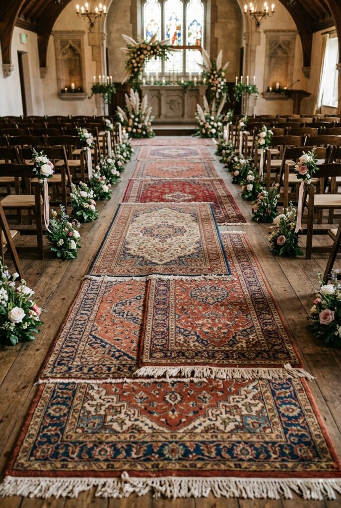 IMAGE 9 HERE Alt text: Layered vintage Persian rugs as outdoor wedding ceremony aisle runner on grass between wooden chairs Image prompt: Photorealistic outdoor wedding ceremony aisle photographed from behind the last row of guests looking toward the altar. The aisle is covered by a series of overlapping vintage Persian-style rugs in dusty rose, terracotta, and ivory tones, laid end to end on lush green grass. Wooden cross-back chairs line both sides. Dappled afternoon sunlight through overhead tree canopy. Editorial, boho-luxe aesthetic. No text overlays. Generate in vertical portrait orientation, 2:3 aspect ratio, optimized for mobile display.
