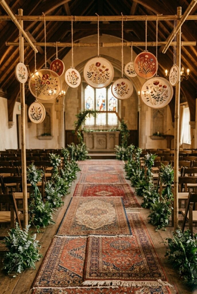 IMAGE 10 HERE Alt text: Lush all-greenery outdoor wedding aisle with eucalyptus and fern bundles on wooden rounds, no flowers Image prompt: Photorealistic outdoor wedding ceremony aisle featuring lush all-greenery aisle markers — dense clusters of eucalyptus branches, sword ferns, and trailing smilax vine placed on raw wooden rounds on bright green grass. No flowers, purely green botanical textures. Clear bright midday natural sunlight. Clean, modern, editorial aesthetic. No text overlays. Generate in vertical portrait orientation, 2:3 aspect ratio, optimized for mobile display.