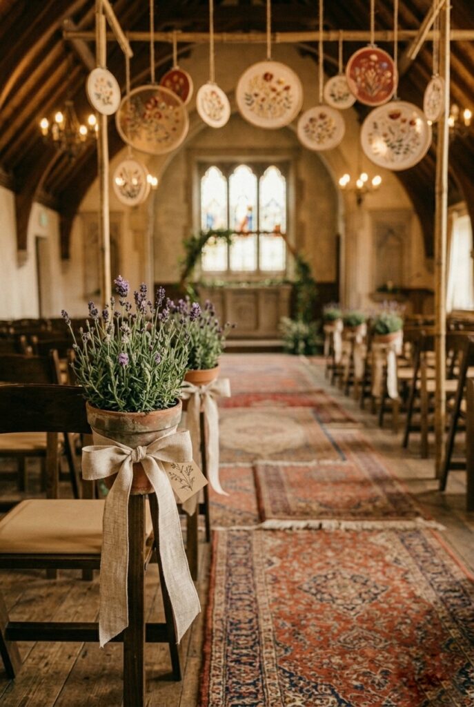 IMAGE 11 HERE Alt text: Suspended floral hoops hanging from bamboo poles as outdoor wedding aisle decorations with eucalyptus and blush flowers Image prompt: Photorealistic outdoor wedding ceremony aisle showing a row of bamboo poles planted in the ground on each side of a grass aisle, each pole hanging a suspended circular wooden hoop approximately 18 inches in diameter decorated with eucalyptus, blush ranunculus, and dried bunny tail grass, hanging at eye height. Warm golden afternoon sunlight. The aisle leads toward a floral arch in soft focus. Editorial wedding style. No text overlays. Generate in vertical portrait orientation, 2:3 aspect ratio, optimized for mobile display.