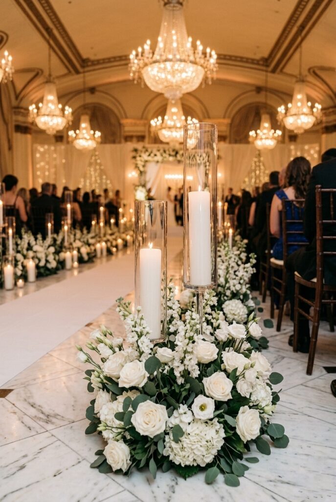 IMAGE 1 HERE Alt text: Tall glass cylinder vases with white pillar candles and low ivory floral collars lining indoor wedding ceremony aisle on marble floor Image prompt: Photorealistic indoor wedding ceremony close-up showing a pair of tall clear glass cylinder vases approximately 20 inches tall placed directly on a polished marble floor at the aisle edge. Each vase contains a thick white pillar candle surrounded by a tight collar of ivory garden roses, white ranunculus, and trailing eucalyptus at the base. Warm soft amber candlelight reflects off the marble floor. Dark, moody romantic ballroom atmosphere. Shallow depth of field, additional cylinders visible in soft focus extending down the aisle. Soft warm candlelit lighting. No text overlays. Generate in vertical portrait orientation, 2:3 aspect ratio, optimized for mobile display.