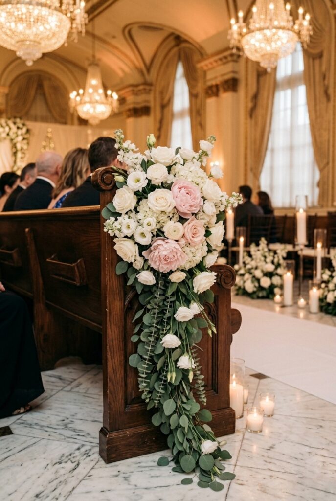 IMAGE 2 HERE Alt text: Blush peonies and eucalyptus floral swag with trailing greenery tail hanging from wooden church pew end for indoor wedding aisle Image prompt: Photorealistic indoor church wedding ceremony showing a close-up of a wooden pew end decorated with a lush floral swag of blush peonies, ivory ranunculus, and cascading eucalyptus vine with a long trailing greenery tail hanging 18 inches below the swag. Natural soft window light from tall arched church windows. Warm, romantic, classic church interior atmosphere. No text overlays. Generate in vertical portrait orientation, 2:3 aspect ratio, optimized for mobile display.