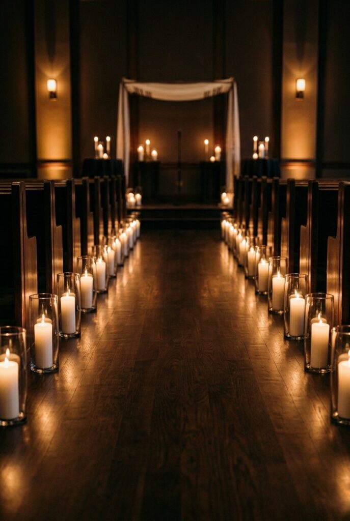 IMAGE 3 HERE Alt text: Indoor wedding ceremony aisle lined entirely with white pillar candles in hurricane glass holders on dark wood floor, no flowers Image prompt: Photorealistic indoor wedding ceremony photograph from mid-aisle perspective showing both sides of a dark hardwood floor aisle lined entirely with clear glass hurricane lanterns containing thick white pillar candles, spaced evenly every four feet. No flowers anywhere. The candlelight creates a warm golden runway effect toward the altar in the distance. Dark walls with warm accent lighting overhead. Intimate, moody, editorial atmosphere. Soft warm candlelit lighting. No text overlays. Generate in vertical portrait orientation, 2:3 aspect ratio, optimized for mobile display.