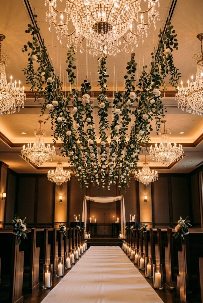 IMAGE 4 HERE Alt text: Indoor wedding ceremony ballroom aisle with hanging floral and greenery drops suspended from ceiling above the walkway Image prompt: Photorealistic indoor ballroom wedding ceremony showing a dramatic overhead installation of hanging eucalyptus, trailing smilax, and ivory rose clusters suspended on thin clear monofilament line from the ceiling above the center aisle, cascading at varying heights between 5 and 7 feet from the floor. The floor aisle below is simple with minimal chair-end markers. Crystal chandeliers visible at ceiling. Warm ambient ballroom lighting from above. No text overlays. Generate in vertical portrait orientation, 2:3 aspect ratio, optimized for mobile display.