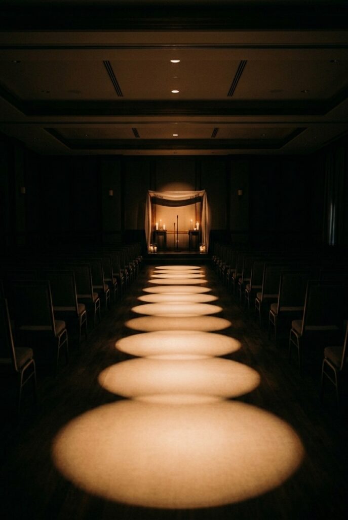 IMAGE 5 HERE Alt text: Indoor wedding ceremony aisle illuminated by warm pin-spot lighting creating a glowing runway effect on dark venue floor Image prompt: Photorealistic indoor wedding ceremony venue showing a dark ballroom where the aisle is dramatically illuminated by a row of warm white pin-spot ceiling lights creating a series of soft circular pools of warm golden light down the center aisle path. Chairs on both sides are in soft shadow. The altar at the far end is warmly lit. No aisle markers on the floor at all — the light defines the pathway. Moody, cinematic, editorial atmosphere. Warm candlelit-style venue lighting from ceiling. No text overlays. Generate in vertical portrait orientation, 2:3 aspect ratio, optimized for mobile display.