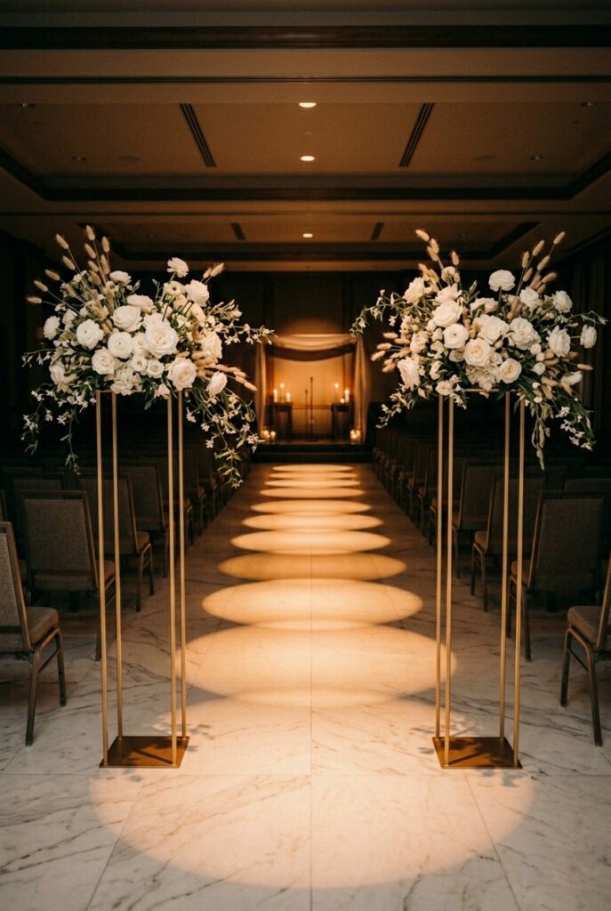IMAGE 6 HERE Alt text: Two tall gold pedestal stands with lush white floral arrangements flanking the entrance of an indoor wedding ceremony aisle Image prompt: Photorealistic indoor wedding ceremony showing a pair of tall slim gold metal pedestal floor stands approximately 48 inches tall, each topped with a lush overflowing arrangement of white garden roses, ranunculus, trailing greenery and dried bunny tail grass, positioned as anchor markers at the beginning of a ballroom aisle. Marble floor. Warm amber ambient ballroom lighting. Additional chairs with simple ribbon markers visible in soft focus down the aisle. Dramatic, elegant atmosphere. Soft warm candlelit lighting. No text overlays. Generate in vertical portrait orientation, 2:3 aspect ratio, optimized for mobile display.