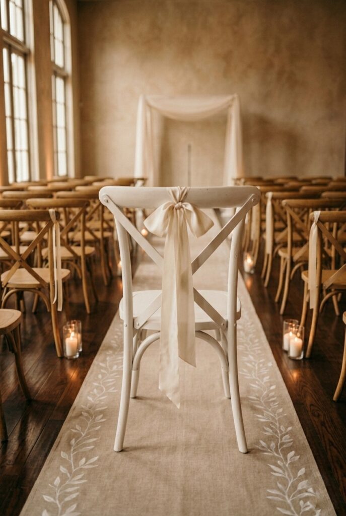 IMAGE 8 HERE Alt text: Ivory silk ribbon tied in loose bow on white wooden chair back lining indoor wedding ceremony ballroom aisle Image prompt: Photorealistic indoor ballroom wedding ceremony showing the back of a white wooden cross-back chair with a long loose bow of soft ivory silk ribbon tied at the top rail. The ribbon tails hang approximately 20 inches below the bow. Warm ambient ballroom lighting. Additional chairs in soft focus down the aisle. Minimal, elegant, editorial aesthetic. Soft warm candlelit lighting. No text overlays. Generate in vertical portrait orientation, 2:3 aspect ratio, optimized for mobile display.
