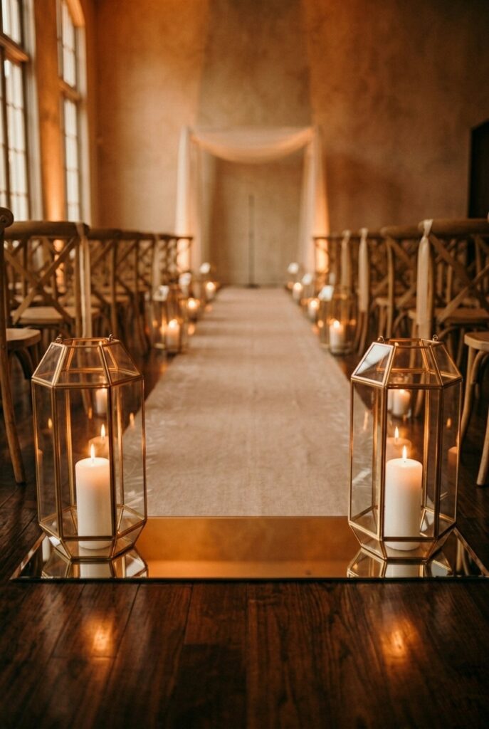 IMAGE 10 HERE Alt text: Dense white baby's breath floral cloud bundles in small vases lining indoor wedding ceremony aisle on wooden floor Image prompt: Photorealistic indoor wedding ceremony aisle showing small clear glass bud vases each containing a dense rounded cloud of white baby's breath positioned at the aisle edge on a warm-toned wood floor. The arrangements are full and round, approximately 8 inches in diameter. Rows of chairs in soft focus on both sides. Warm soft ambient indoor lighting. Romantic, minimal, editorial. Soft natural window light. No text overlays. Generate in vertical portrait orientation, 2:3 aspect ratio, optimized for mobile display.