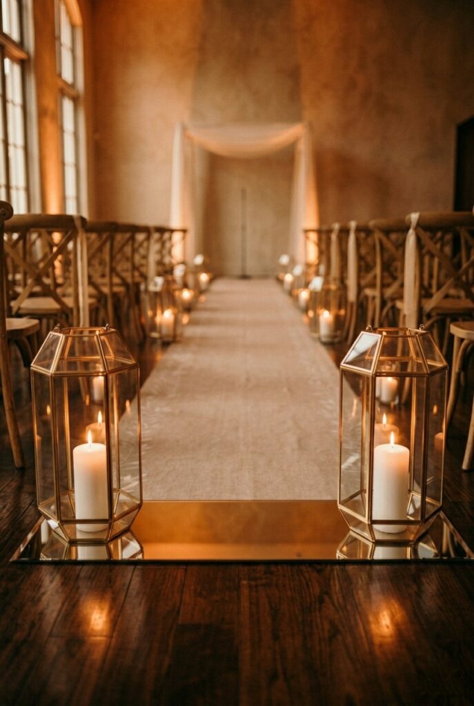 IMAGE 9 HERE Alt text: Gold mirrored base lanterns with white candles lining indoor wedding ceremony ballroom aisle reflecting warm candlelight on floor Image prompt: Photorealistic indoor wedding ceremony aisle close-up showing a pair of tall gold-mirrored hexagonal lanterns with white pillar candles inside, placed on a polished dark wood floor. The mirror bases create a reflection of the candlelight on the floor below. Additional lanterns visible in soft focus along both sides of the aisle. Warm amber candlelight. Moody, glamorous ballroom atmosphere. Soft warm candlelit lighting. No text overlays. Generate in vertical portrait orientation, 2:3 aspect ratio, optimized for mobile display.