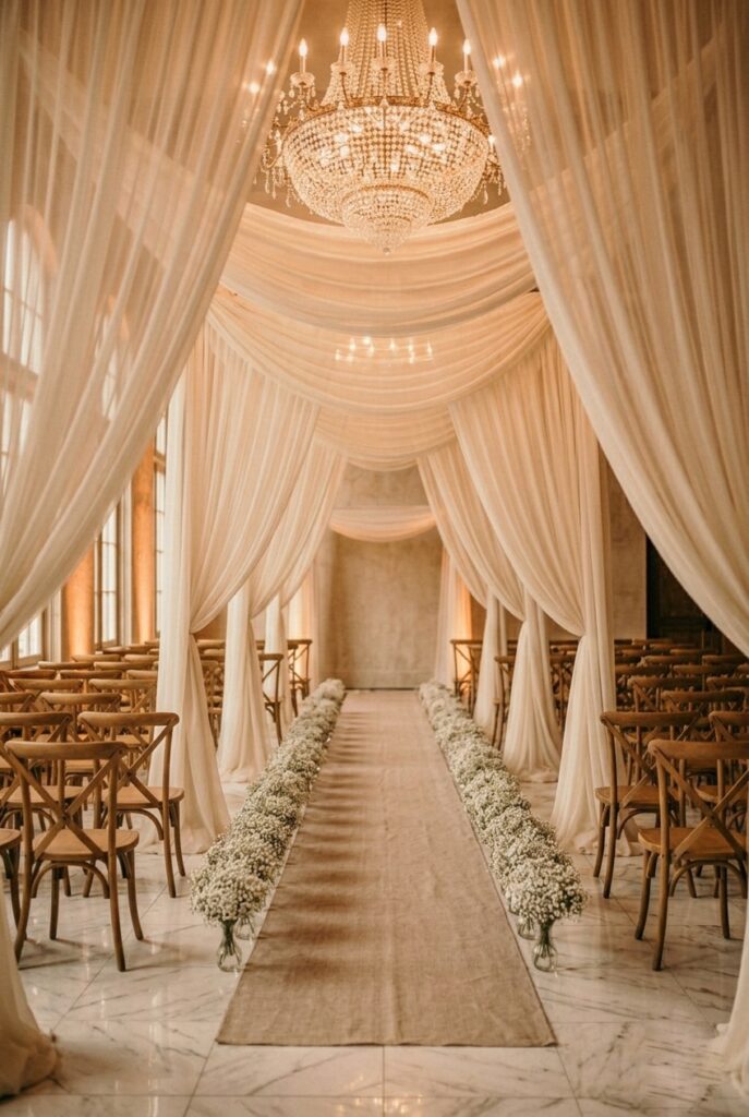 IMAGE 11 HERE Alt text: Sheer ivory fabric panels draped from ceiling framing indoor wedding ceremony aisle in elegant ballroom setting Image prompt: Photorealistic indoor ballroom wedding ceremony showing long sheer ivory chiffon fabric panels draped in soft swags from the ceiling directly above the center aisle, creating a fabric canopy effect that frames the walkway. The panels fall to approximately 8 feet from the floor on each side of the aisle. Crystal chandelier visible at ceiling. Polished marble floor below. Rows of chairs in soft focus. Warm ambient ballroom lighting, soft and diffused. Romantic, grand, editorial. No text overlays. Generate in vertical portrait orientation, 2:3 aspect ratio, optimized for mobile display.