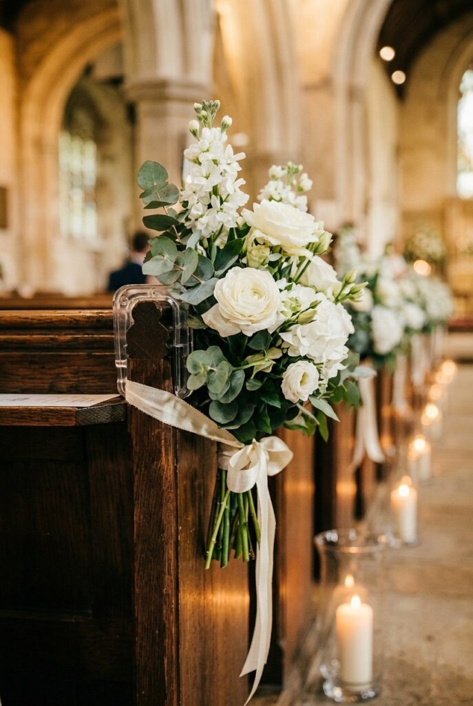 IMAGE 1 HERE Alt text: Close-up of a proper pew clip attached to wooden church pew end holding a white floral swag with ivory ribbon Image prompt: Photorealistic close-up macro photograph of a heavy-duty clear plastic pew clip securely fastened to the end panel of a dark polished wooden church pew, holding a compact floral swag of white ranunculus and eucalyptus tied with ivory linen ribbon. The wooden pew grain is visible and rich in texture. Warm diffused natural church window light. Sharp focus on the clip and attachment point. No text overlays. Generate in vertical portrait orientation, 2:3 aspect ratio, optimized for mobile display.