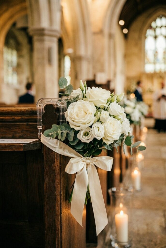 IMAGE 2 HERE Alt text: Compact white rose and eucalyptus pew-end swag tied with ivory ribbon on dark wooden church pew Image prompt: Photorealistic close-up of a church wedding pew-end decoration showing a compact round cluster of white garden roses, white lisianthus, and trailing eucalyptus tied together with a wide ivory satin ribbon bow, attached to the end of a dark oak church pew. The arrangement is approximately 6 inches in diameter. Warm soft natural light from tall arched church windows. Classic, traditional, elegant aesthetic. No text overlays. Generate in vertical portrait orientation, 2:3 aspect ratio, optimized for mobile display.