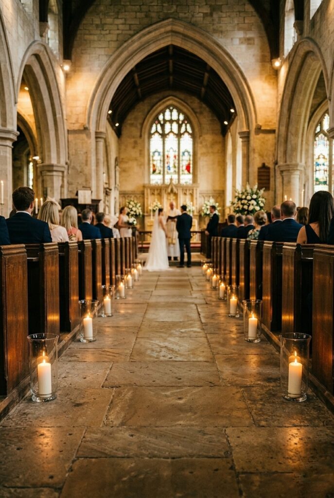 IMAGE 5 HERE Alt text: Tall clear glass cylinder vases with white floral arrangements on stone church floor as aisle markers where pew attachment is prohibited Image prompt: Photorealistic church interior showing tall clear glass cylinder vases approximately 24 inches in height placed directly on the stone church floor at the aisle edge between pew ends, each containing a lush arrangement of white garden roses, eucalyptus, and trailing ivy. The vases are positioned precisely at the aisle edge, not touching the pews. Warm natural diffused light through arched church windows. Classic, elegant church setting. No text overlays. Generate in vertical portrait orientation, 2:3 aspect ratio, optimized for mobile display.