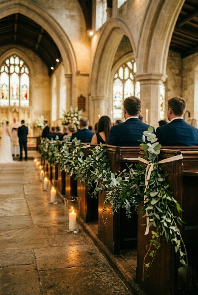 IMAGE 4 HERE Alt text: Lush eucalyptus and smilax greenery garland draped along wooden church pew rail ends creating a natural flowing aisle Image prompt: Photorealistic church wedding ceremony interior showing a sweeping lush greenery garland of eucalyptus branches, Italian ruscus, and trailing smilax vine draped loosely along a row of dark wooden church pew ends, attached with ivory ribbon ties at intervals. The garland cascades gently between pew ends. Soft warm natural light from tall church windows. Green-on-dark-wood tones, classic, natural. No text overlays. Generate in vertical portrait orientation, 2:3 aspect ratio, optimized for mobile display.