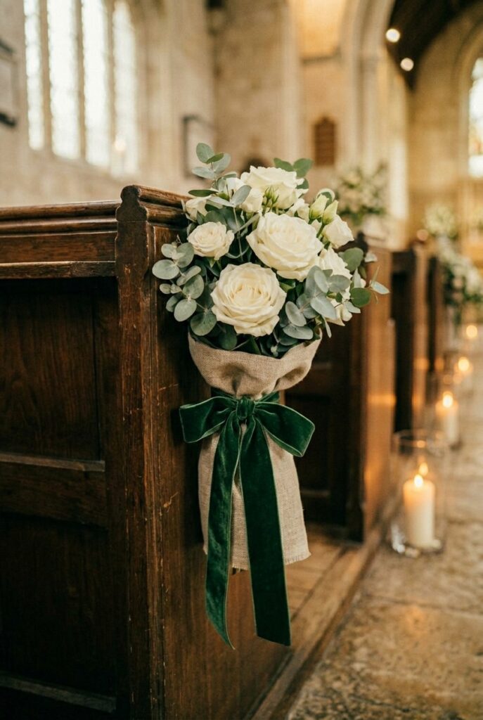 IMAGE 6 HERE Alt text: Church pew ends decorated with soft velvet ribbon and linen-wrapped floral swags adding texture to historic wooden pews Image prompt: Photorealistic close-up of a historic dark wood church pew end decorated with a floral swag of white garden roses and eucalyptus wrapped at the base with natural linen fabric, tied with a wide deep green velvet ribbon bow. The contrast of textures — rough linen, velvet, smooth petals, aged wood — is the visual focus. Soft warm natural church window light, slightly warm and golden. No text overlays. Generate in vertical portrait orientation, 2:3 aspect ratio, optimized for mobile display.