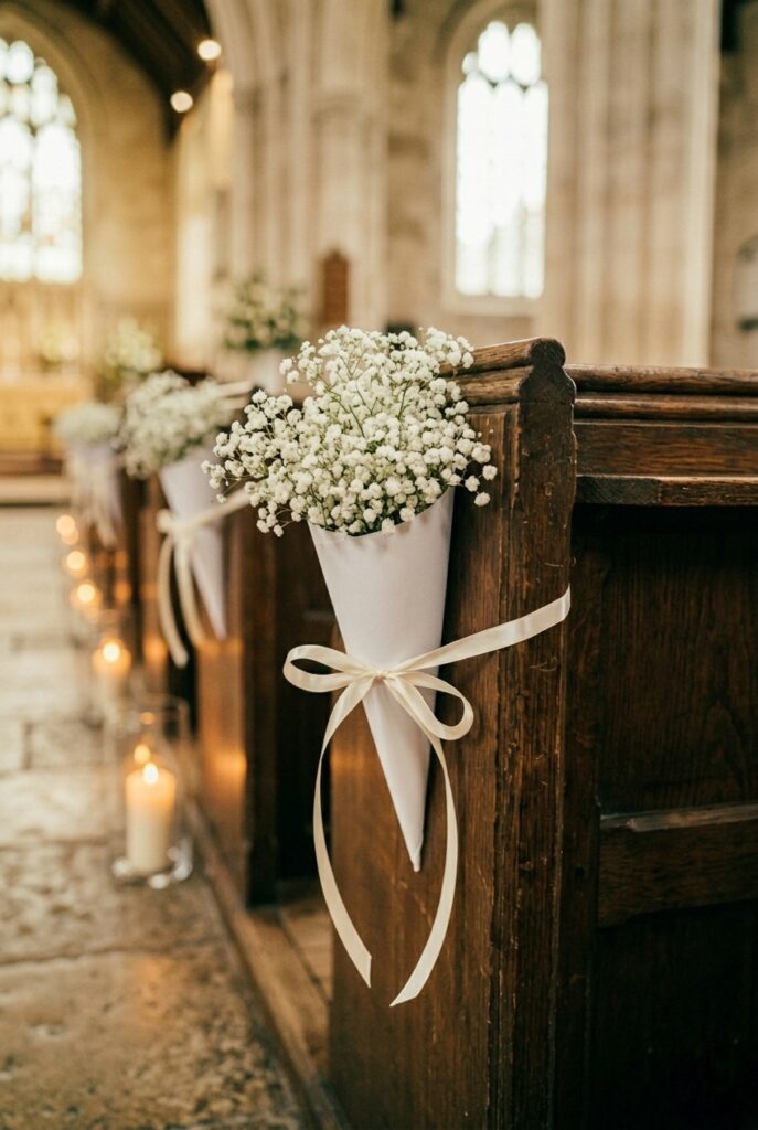 IMAGE 7 HERE Alt text: White paper cone filled with baby's breath tied to church pew end as simple elegant wedding aisle decoration Image prompt: Photorealistic close-up of a white rolled paper cone approximately 8 inches tall filled with a dense cloud of fresh white baby's breath, tied to the end of a dark wooden church pew with a thin ivory satin ribbon in a loose bow. The baby's breath spills slightly over the cone edge. Soft warm natural church light, slightly warm. Simple, classic, romantic. No text overlays. Generate in vertical portrait orientation, 2:3 aspect ratio, optimized for mobile display.