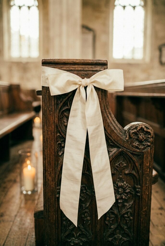 IMAGE 8 HERE Alt text: Wide ivory silk ribbon tied in loose generous bow on ornate historic church pew end as minimal elegant decoration Image prompt: Photorealistic close-up of a wide ivory dupioni silk ribbon approximately 4 inches wide tied in a full, generous loose bow at the end of an ornate dark carved wood church pew. The ribbon tails fall 20 inches below the bow knot. The dark carved wood architectural detail of the pew is visible and prominent. Soft warm diffused natural light from high church windows. Minimal, reverent, and elegant. No text overlays. Generate in vertical portrait orientation, 2:3 aspect ratio, optimized for mobile display.