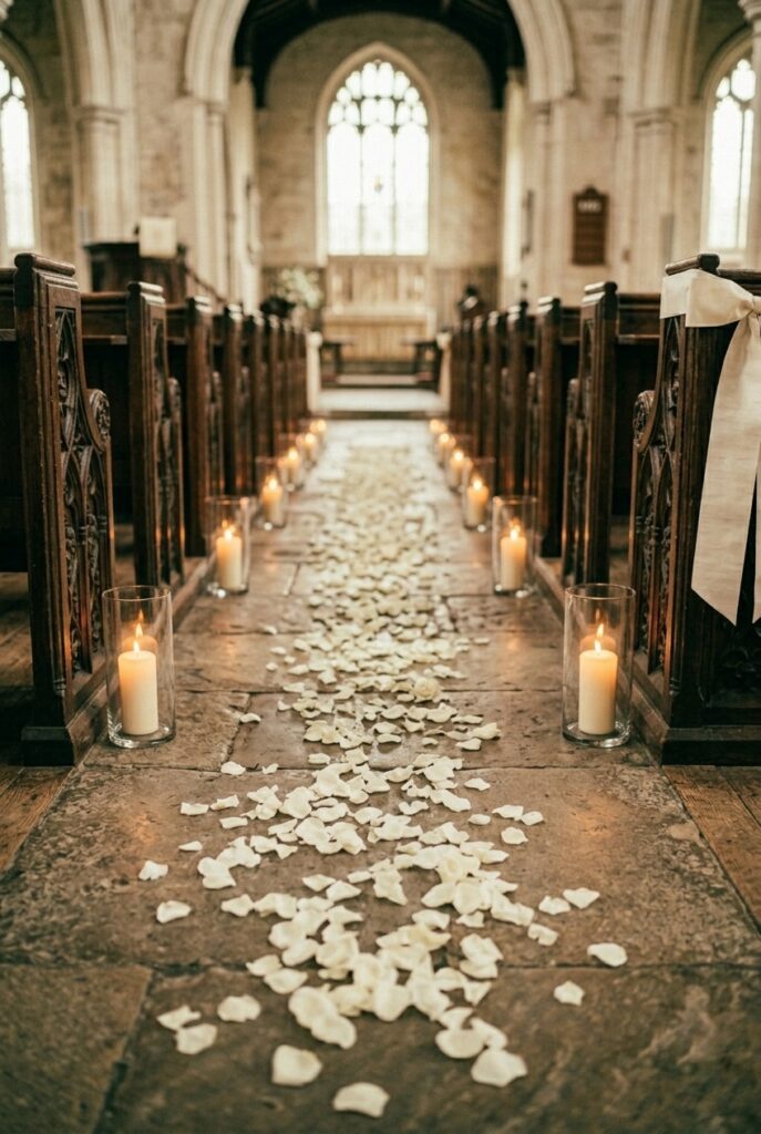 IMAGE 9 HERE Alt text: White rose petals scattered along a stone church aisle floor between wooden pews leading toward the altar Image prompt: Photorealistic church interior showing a scattered trail of fresh white rose petals along the center stone aisle floor between two rows of dark wooden pews. The petals are scattered in a loose natural pattern, not a solid carpet. The stone floor is aged grey, slightly worn. Warm candlelit atmospheric glow from lanterns at pew ends. The altar is visible in soft focus at the end of the aisle. No text overlays. Generate in vertical portrait orientation, 2:3 aspect ratio, optimized for mobile display.