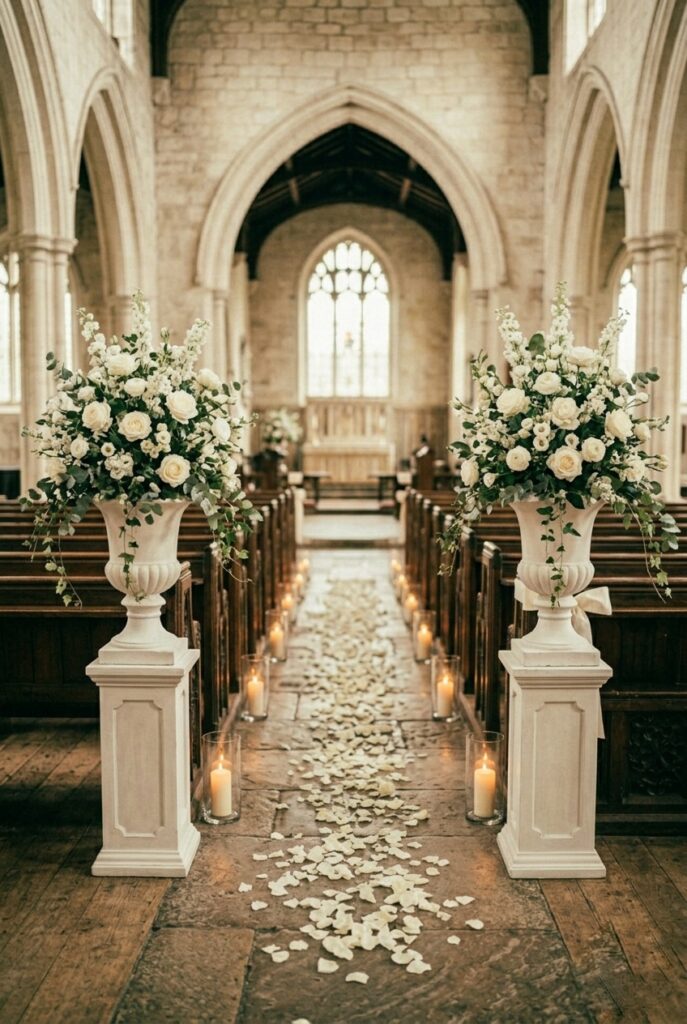 IMAGE 10 HERE Alt text: Tall floral pedestal urn arrangement flanking the entrance of a church aisle with white garden roses and greenery Image prompt: Photorealistic church interior entrance showing a pair of tall white painted stone-effect pedestal urns approximately 36 inches tall, each topped with a lush overflowing arrangement of white garden roses, white ranunculus, trailing eucalyptus and smilax vine, placed at the very beginning of the center aisle where guests enter. The church nave extends behind them. Warm natural diffused light from arched windows. Grand, traditional, classic atmosphere. No text overlays. Generate in vertical portrait orientation, 2:3 aspect ratio, optimized for mobile display.
