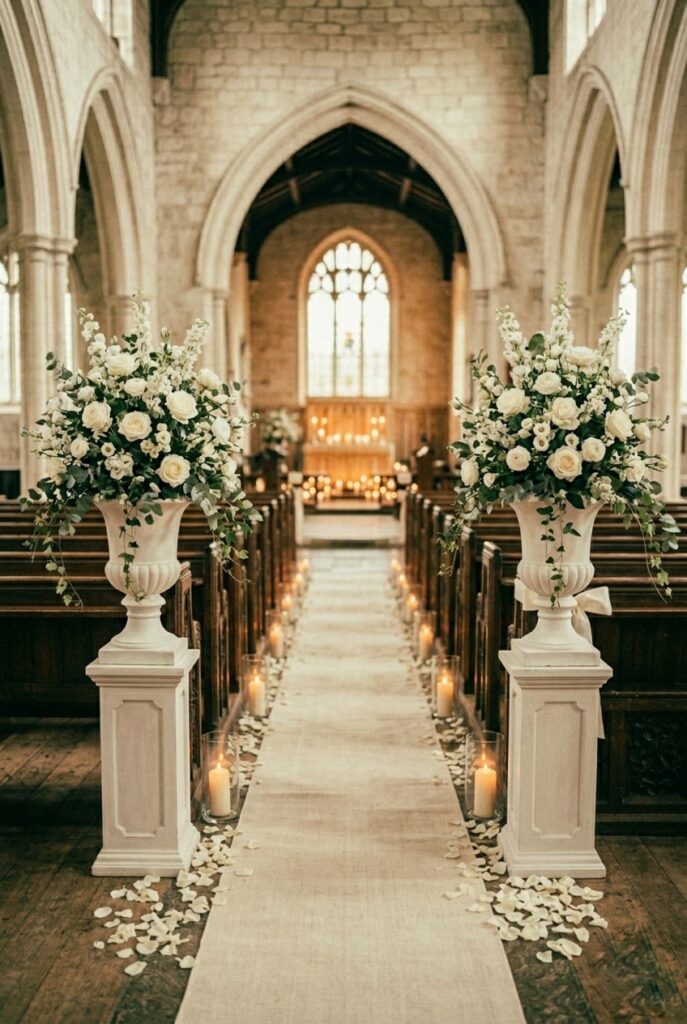 IMAGE 11 HERE Alt text: Natural linen aisle runner on stone church floor with scattered petals leading toward lit altar Image prompt: Photorealistic church interior showing a wide natural ivory linen aisle runner laid on a dark grey stone church floor, running the full length of the nave toward a candlelit altar. Small scattered dried rose petals visible at the edges of the runner. Dark wooden pews on both sides. Warm amber candlelight from altar area illuminating the end of the runner. Classic, traditional atmosphere. Soft warm candlelit atmospheric lighting. No text overlays. Generate in vertical portrait orientation, 2:3 aspect ratio, optimized for mobile display.