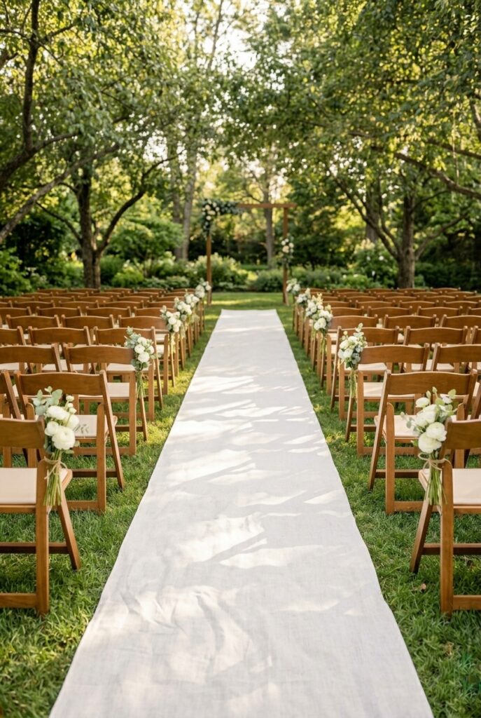 IMAGE 2 HERE Alt text: Washed ivory linen aisle runner laid down a wedding ceremony aisle with wooden chairs on either side in a garden venue Image prompt: Photorealistic image of a clean, straight ivory linen aisle runner at an outdoor garden wedding ceremony. The runner has a softly rumpled natural texture, not shiny or stiff. Wooden folding chairs line both sides. The runner leads toward a simple floral arch at the far end of the aisle. Dappled soft natural afternoon light. Generate in vertical portrait orientation, 2:3 aspect ratio, optimized for mobile display.