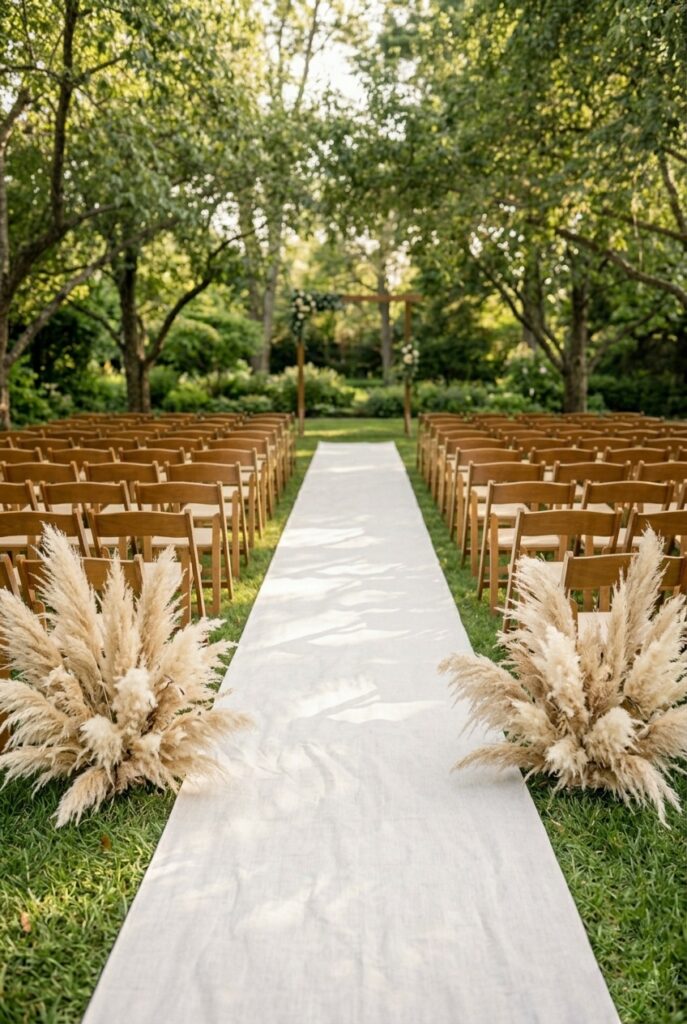 IMAGE 3 HERE Alt text: Large dried pampas grass cluster arrangement at the entrance to a wedding ceremony aisle, paired with minimal chair decor Image prompt: Photorealistic image of a wedding ceremony aisle entrance flanked by two low-set clusters of dried pampas grass in natural cream tones. The plumes are full and arching slightly, placed directly on a manicured grass floor. No vases — just ground-level styling. A white linen runner leads from the clusters toward a blurred background arch. Soft natural daylight. Generate in vertical portrait orientation, 2:3 aspect ratio, optimized for mobile display.