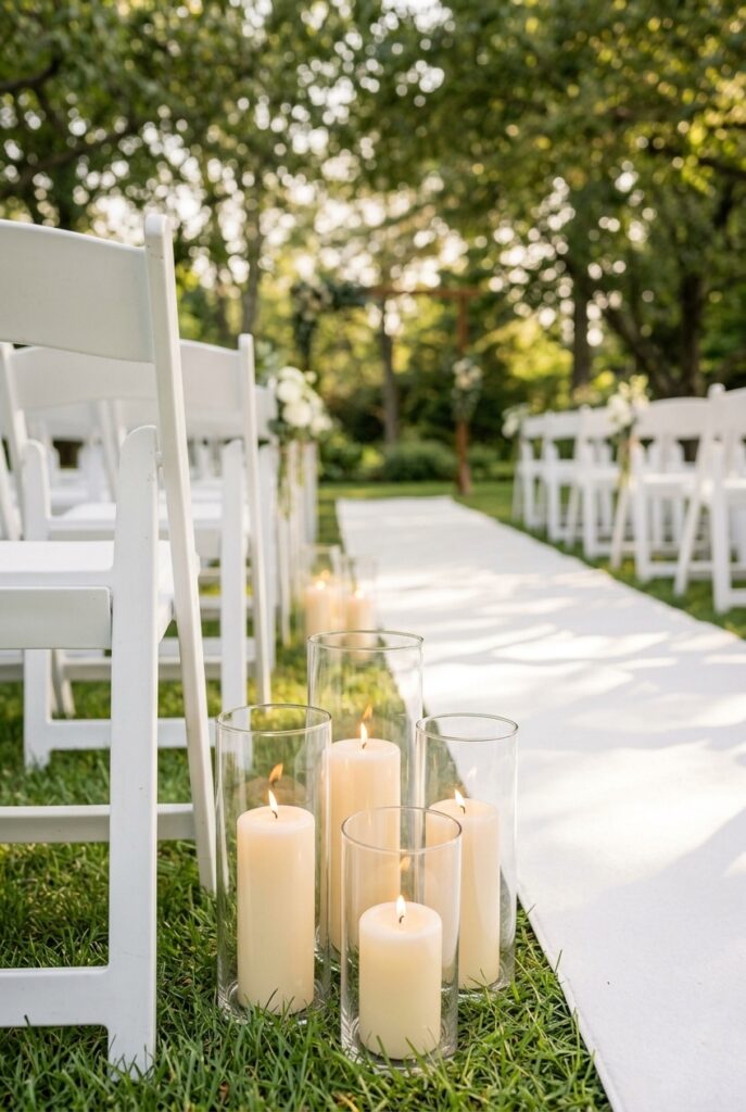 IMAGE 4 HERE Alt text: Three glass hurricane candle holders clustered at the end of a wedding ceremony row with a white pillar candle glowing inside each Image prompt: Photorealistic close-up of three clear glass hurricane candle holders arranged in a small cluster at the end of a white folding chair row at a wedding ceremony. Each holds a glowing ivory pillar candle. Warm romantic candlelit atmosphere with soft golden flicker light. The aisle runner is visible behind them. Background is softly blurred. Generate in vertical portrait orientation, 2:3 aspect ratio, optimized for mobile display.