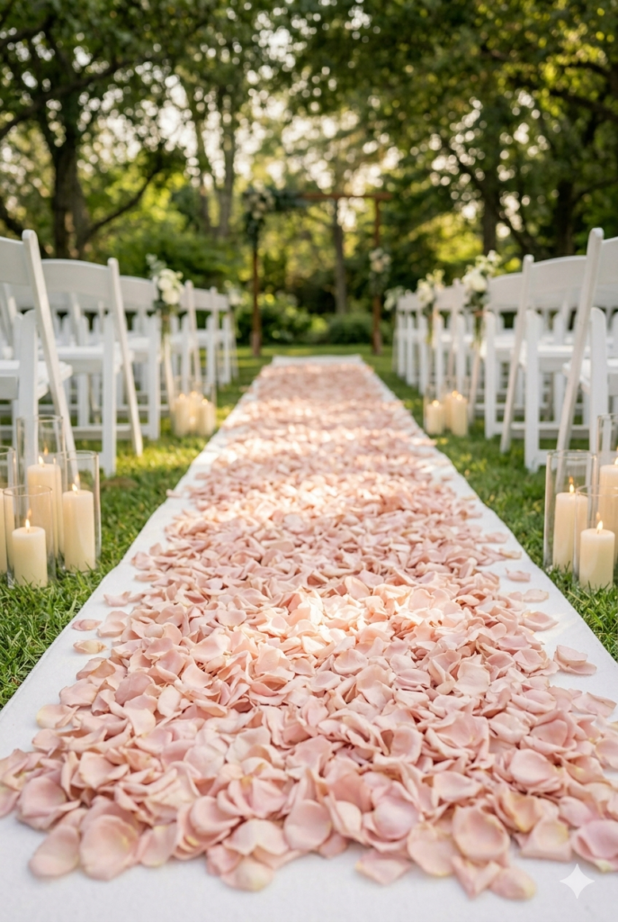 IMAGE 5 HERE Alt text: Dense blush rose petal pathway lining a wedding ceremony aisle at an outdoor garden venue Image prompt: Photorealistic image of a wedding ceremony aisle with a dense blush pink rose petal pathway laid down the center between two rows of white chairs. The petals overlap and create a solid carpet of color rather than a sparse scatter. Soft warm natural afternoon light from the side. Garden setting with greenery blurred in the background. Generate in vertical portrait orientation, 2:3 aspect ratio, optimized for mobile display.