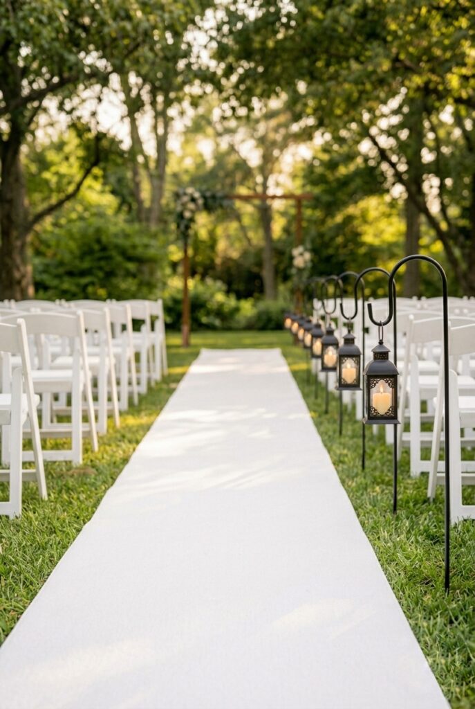 IMAGE 6 HERE Alt text: Matte black shepherd's hooks with small lanterns lining one side of an outdoor wedding ceremony aisle Image prompt: Photorealistic image of an outdoor wedding ceremony aisle with matte black shepherd's hooks lining only the right side of the aisle, each holding a small black iron lantern with a warm glowing candle inside. The left side of the aisle is clear with only white chairs. Soft warm golden hour light. The asymmetry creates a modern, editorial feel. Green grass underfoot, blurred garden background. Generate in vertical portrait orientation, 2:3 aspect ratio, optimized for mobile display.