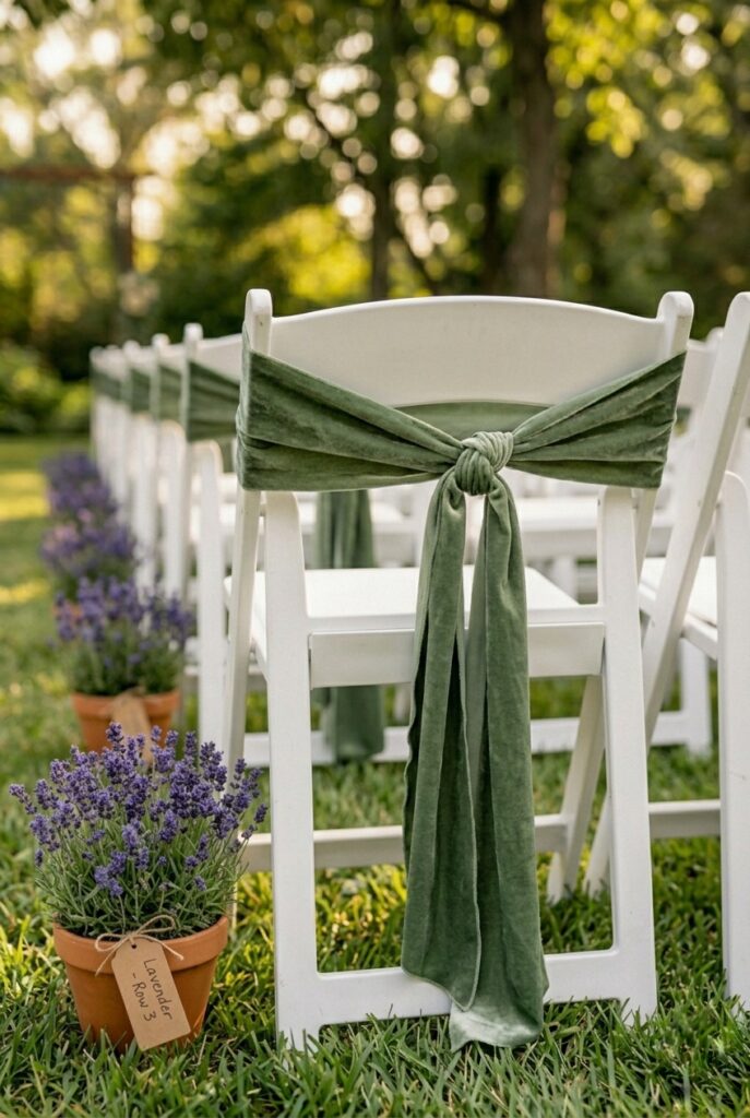 IMAGE 8 HERE Alt text: Sage green velvet ribbon sash draped and loosely knotted at the back of a white folding wedding chair Image prompt: Photorealistic close-up of the back of a white folding wedding chair at a ceremony. A wide sage green velvet ribbon is draped across the chair back and loosely knotted with long uneven tails hanging down. The knot is imperfect and natural-looking. Soft natural window light from the left. Blurred row of similarly decorated chairs in the background. Generate in vertical portrait orientation, 2:3 aspect ratio, optimized for mobile display.